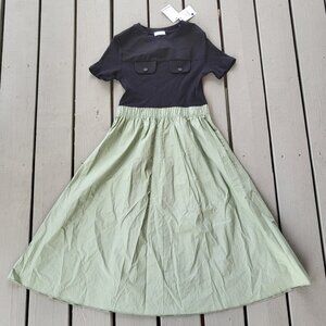 Claudie Pierlot NWT Green Black Bicolore Track Stretch-cotton Midi Dress Size S